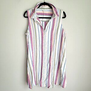 Cato Linen Beachy Boho Lagenlook Striped Sleeveless Button Down Shirt Dress